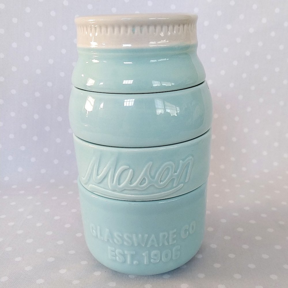 Cost Plus World Market Blue Ceramic Mason Jar Style Stackable Measuring Cups